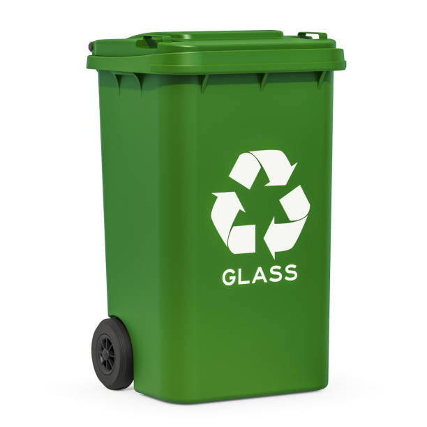 Green recycling trash can for glass waste, 3D rendering isolated on white background