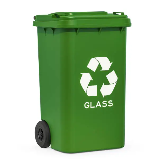 Photo of Green recycling trash can for glass waste, 3D rendering isolated on white background