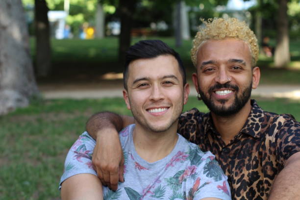 carefree homosexual couple celebrating diversity - homosexual beautiful sensuality love imagens e fotografias de stock