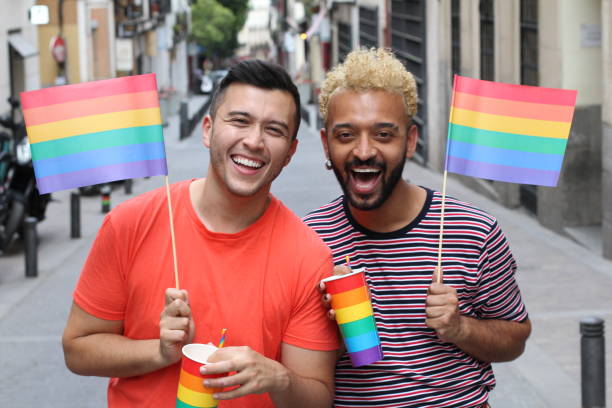 celebrando la diversidad con unas copas - gay pride flag gay pride gay man homosexual fotografías e imágenes de stock