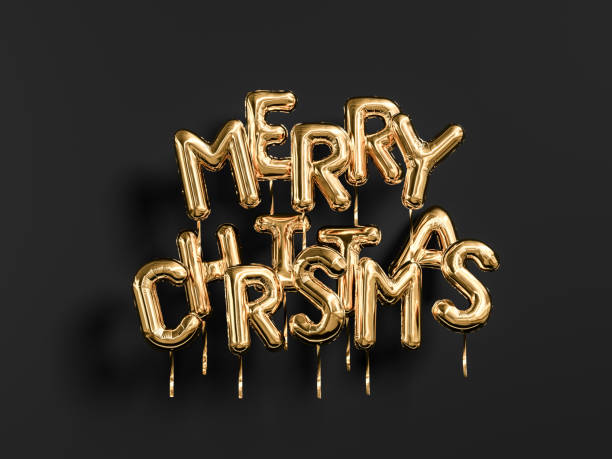istock Merry Christmas gold text on black background, golden foil balloons typography, 3d rendering 1185497491
