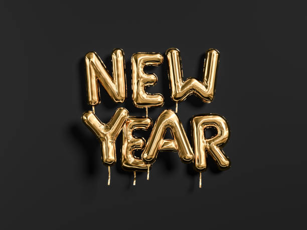istock New Year gold text on black background, golden foil balloon typography, 3d rendering 1185497844
