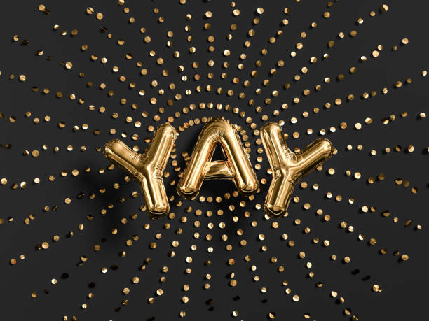 Yay word letters golden burst confetti, foil balloon text on black. 3d rendering Yay word letters golden burst confetti, foil balloon text on black. 3d rendering exhilaration stock pictures, royalty-free photos & images