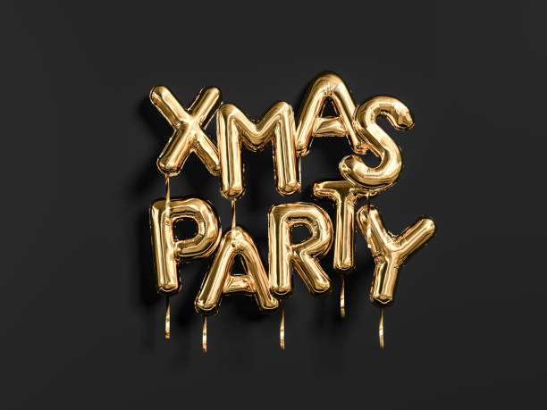 istock Xmas Party gold text on black background, golden foil balloons typography, 3d rendering 1185498002