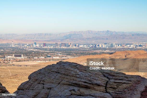 Las Vegas Skyline Looking From Red Rock Canyon Stock Photo - Download Image Now - 2019, Beauty In Nature, Canyon