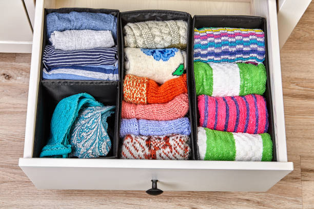 istock Boxes for separate storage of linen in a drawer. 1185499658