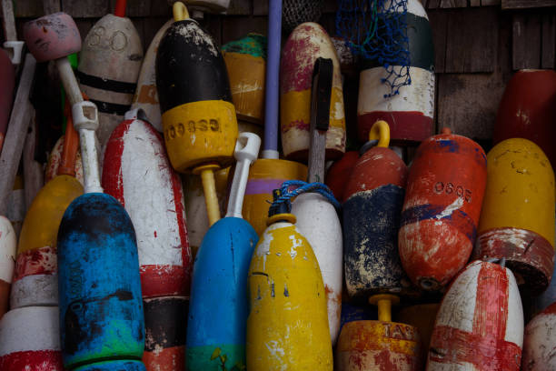 istock Old colorful lobster buoys 1185502825