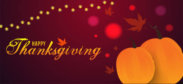 illustrations, cliparts, dessins animés et icônes de heureux en-tête de thanksgiving ou la conception de bannière avec des citrouilles et la guirlande d'éclairage décorée sur le fond foncé d'effet de lumière de bokeh. - autumn thanksgiving leaf garland