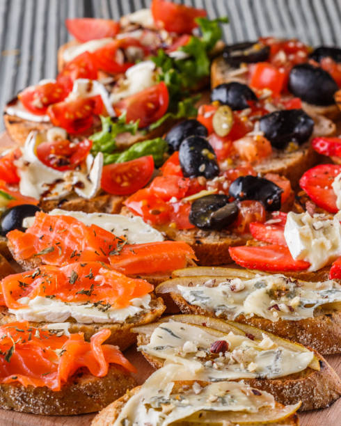 istock Assorted bruschetta Set of various appetizing snacks sandwiches 1185514443