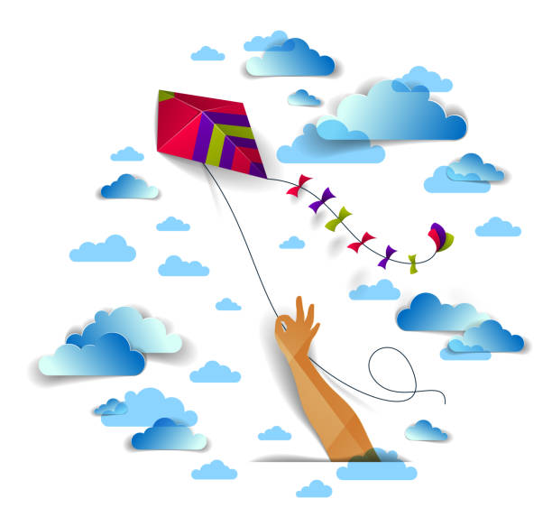 ilustrações de stock, clip art, desenhos animados e ícones de hand holding kite over cloudy sky, freedom and easiness emotional concept, vector modern style paper cut 3d illustration. - kite effortless cloudscape cloud