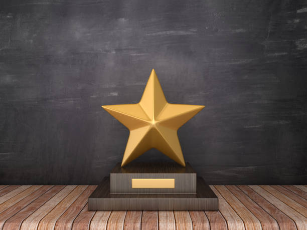 istock Trophy with Star on Wood Floor - Chalkboard Background - 3D Rendering 1185515604