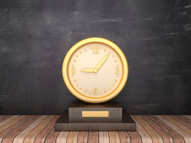 istock Trophy with Clock on Wood Floor - Chalkboard Background - 3D Rendering 1185515656