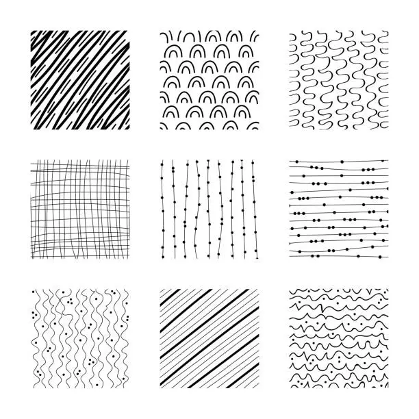Vector illustration of Set of abstract squares. Hand drawn backgrounds. Design elements. Simple scratchy textures. Doodle drawings. Modern ethnic ornaments. Pattern