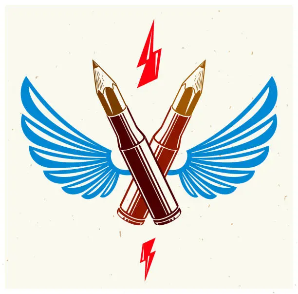 Vector illustration of Idea is a weapon concept, weapon of a designer or artist allegory shown as a winged firearm cartridge cases with pencils instead of bullet, creative power, vector logo or icon.