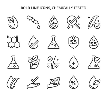 Chemically tested related, bold line icons. The illustrations are about, skin, dermatology, cosmetics, allergy, ph values.