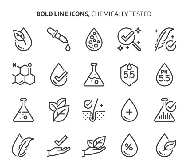 Chemically tested related, bold line icons. Chemically tested related, bold line icons. The illustrations are about, skin, dermatology, cosmetics, allergy, ph values. skin exame stock illustrations