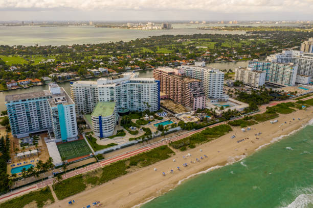 istock Drone Miami Beach coastal scene buildings and ocean 1185524046