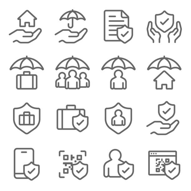 ikony ubezpieczeń ustawiają ilustrację wektorową. zawiera taką ikonę jak ubezpieczenie na życie, ochrona, cyberbezpieczeństwo, opieka zdrowotna i inne. rozszerzony skok - umbrella icon stock illustrations
