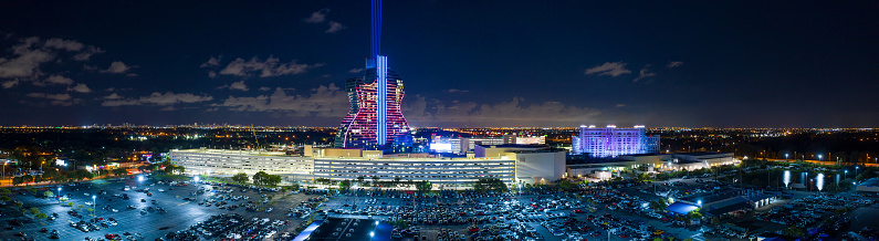 Hollywood, FL,USA - October 29, 2019: Aerial wide angle night drone panorama Seminole Hard Rock Casino