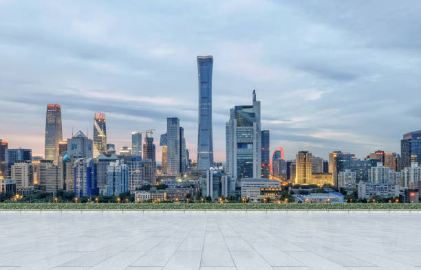 Empty floor and modern city skyline Professional use auto advertising backplate