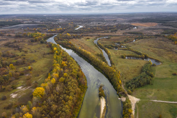 Aerial view of the Seym River at Baturyn in Ukraine. Beautiful autumn river landscape. Aerial view of the Seym River at Baturyn in Ukraine. Beautiful autumn river landscape baturyn stock pictures, royalty-free photos & images