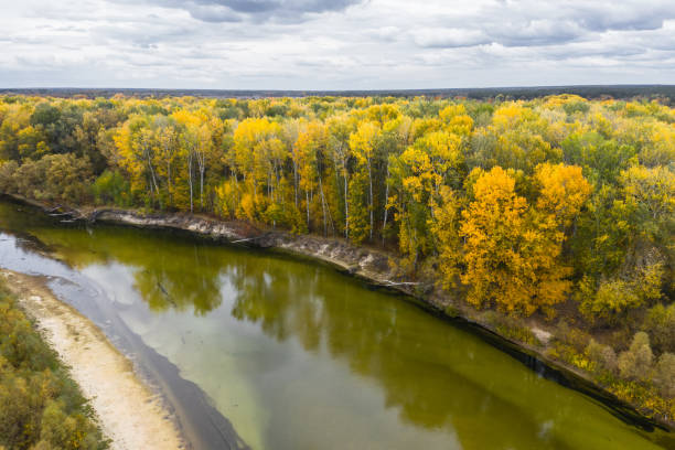 Aerial view of the Beautiful River Landscape at autumn. Cloudy day. Aerial view of the Beautiful River Landscape at autumn. Cloudy day baturyn stock pictures, royalty-free photos & images