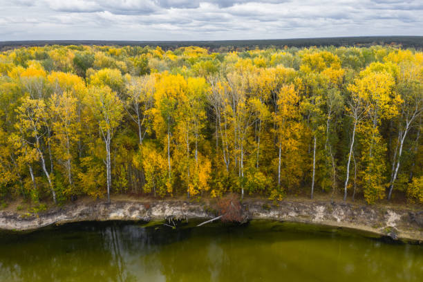 Aerial view of the Beautiful River Landscape at autumn. Cloudy day. Aerial view of the Beautiful River Landscape at autumn. Cloudy day baturyn stock pictures, royalty-free photos & images