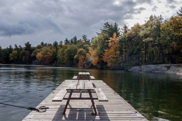 istock picnic tables on dock at lake in autumn 1185540180