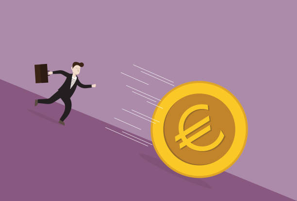 Businessman run after euro coin Adult, Banking, Business, Business Finance and Industry, Currency currency chasing discovery making money stock illustrations