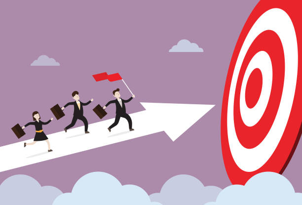 ilustrações de stock, clip art, desenhos animados e ícones de businessperson running on the arrow to the target - guidance direction arrow sign speed