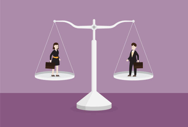 Businessman and businesswoman on the scale Gender Equality, Adult, Balance, Weight Scale gender equality at work stock illustrations