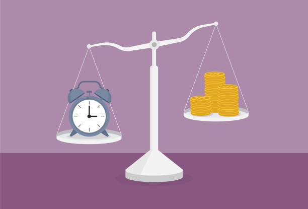 ilustrações de stock, clip art, desenhos animados e ícones de clock and a stack of coin on the scale - scales of justice illustrations