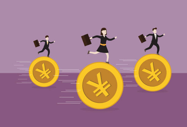Businessperson runs on yen coin Adult, Banking, Business, Business Finance and Industry, Currency currency chasing discovery making money stock illustrations