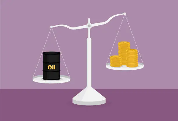 Vector illustration of Crude oil and a stack of coin on the scale