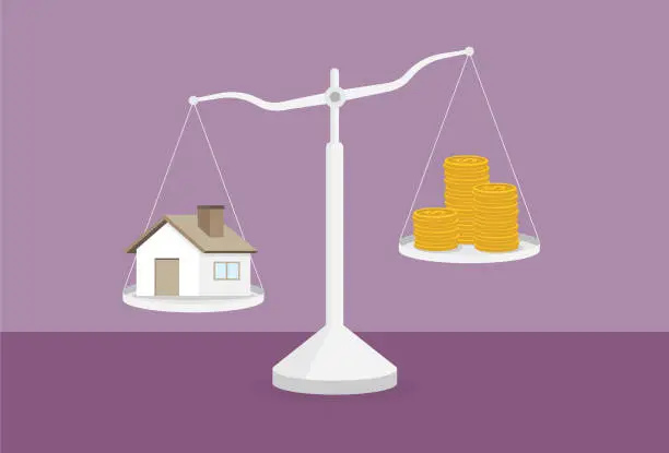 Vector illustration of House and a stack of coin on the scale