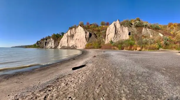 Wide angle view of Scarborough Bluffs from the surrounding beach on a brisk autumn day.