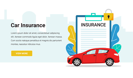 Insurance car web banner concept design with clipboard agreement. Flat vector illustration on white background.