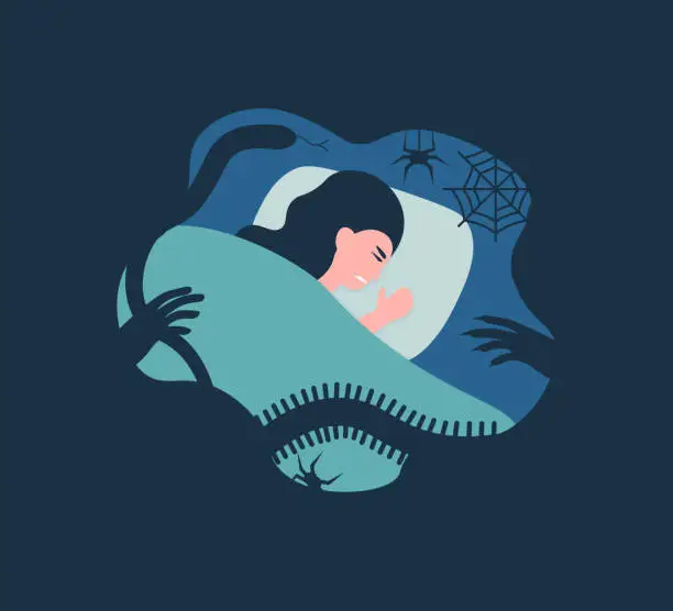Vector illustration of nightmares woman in bed