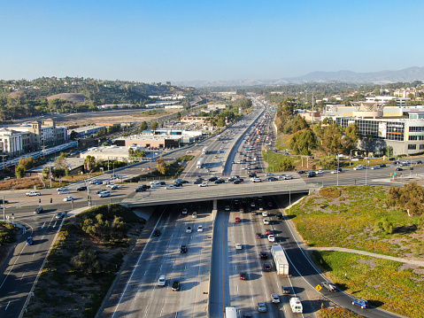Aerial view of the San Diego freeway, Southern California freeways, USA