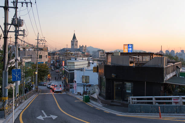 Seoul, Korea - November 4th 2019 :  Its haebangchon village at sunset in Seoul Yongsan Namsan Korea. \