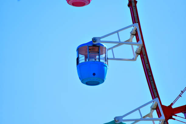 Bright white Ferris wheel rotating under clear skies, representing concepts of vacation, freedom, leisure, and modern travel.