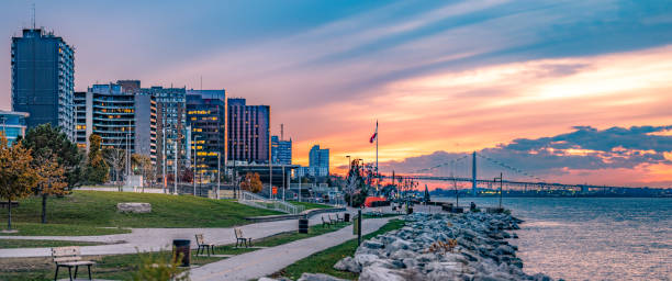 Windsor, Ontario Skyline - Dusk The Windsor, Ontario skyline & waterfront at dusk. ontario canada stock pictures, royalty-free photos & images
