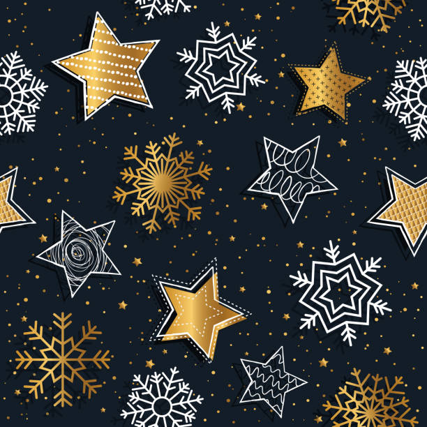 Cute christmas seamless pattern with stars and snowflakes. Cute christmas seamless pattern with stars and snowflakes. Hand Drawn vector illustration. Wrapping paper pattern. Background with abstract elements. black background shape white paper stock illustrations