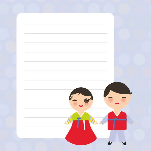 Vector illustration of Koreans boy and girl in national costume and hat. Cartoon children Card design with Kawaii with lilac pastel colors polka dot lined page notebook, template, blank, planner background. Vector