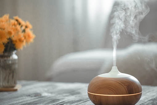 Humidifier on the table in the living room. Ultrasonic technology, increase the humidity in the room, comfortable living conditions.