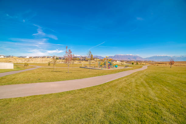 istock Long empty pedestrian walkway in an urban park 1185573125