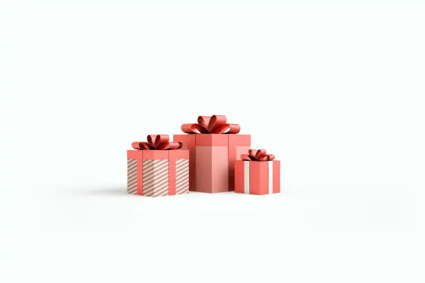 Photo of Christmas and New Year's Day , group three red gift boxes ribbon white background 3d rendering