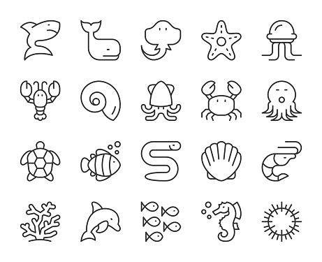 Sea Life and Ocean animal Light Line Icons Vector EPS File.