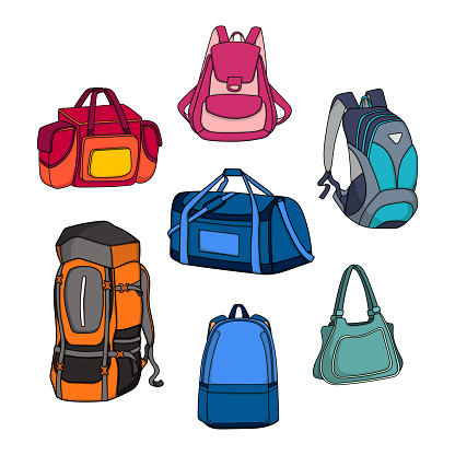 Design set of bags with different types of colorful doodle style isolated white background