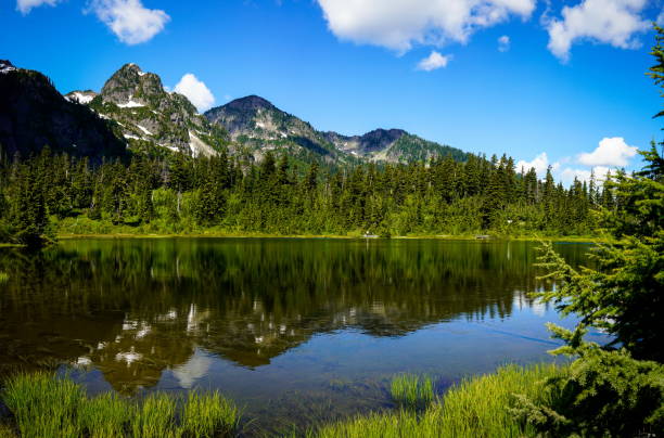 istock Panoramic view of mountain lake landscape  with blue sky and clouds 1185576274